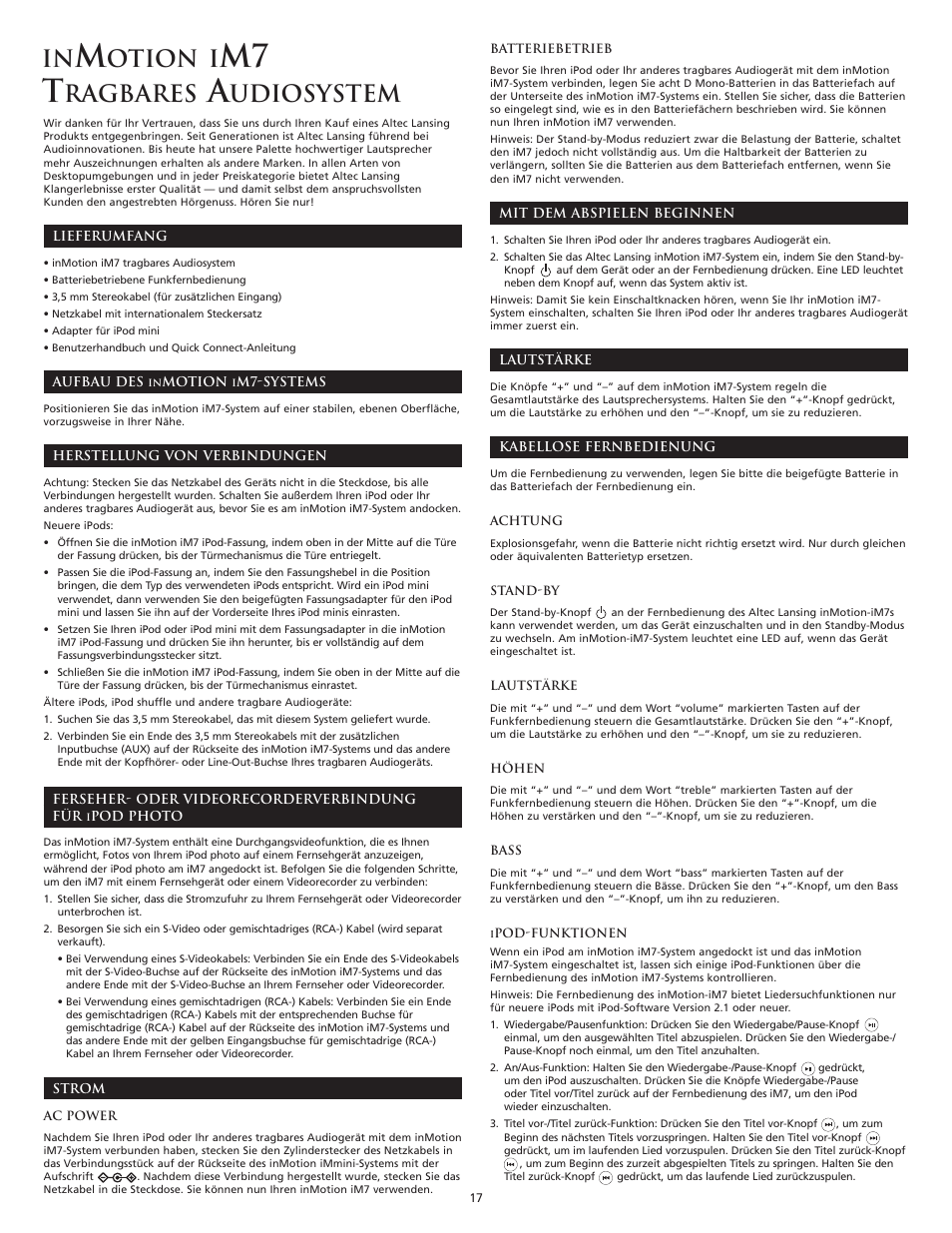 M7 t, Otion i, Ragbares | Udiosystem | Altec Lansing iM7 User Manual | Page 19 / 34