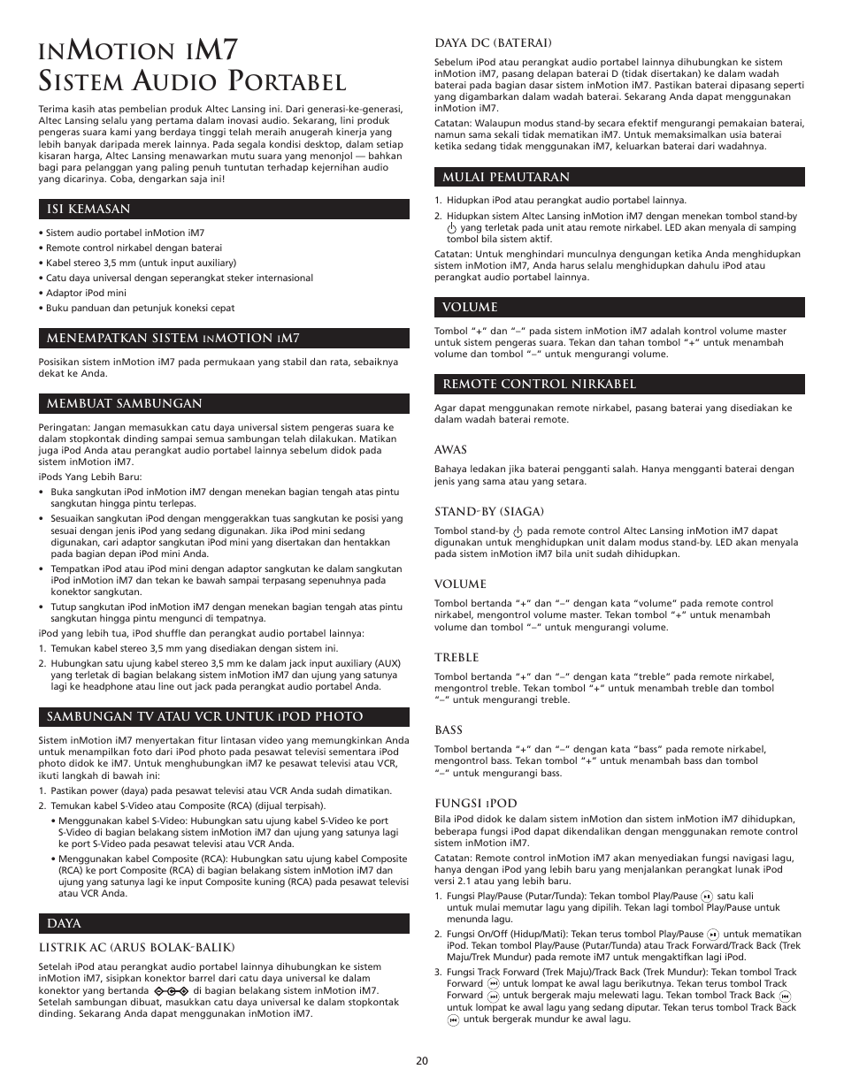 M7 s, Otion i, Istem | Udio, Ortabel | Altec Lansing iM7 User Manual | Page 22 / 34