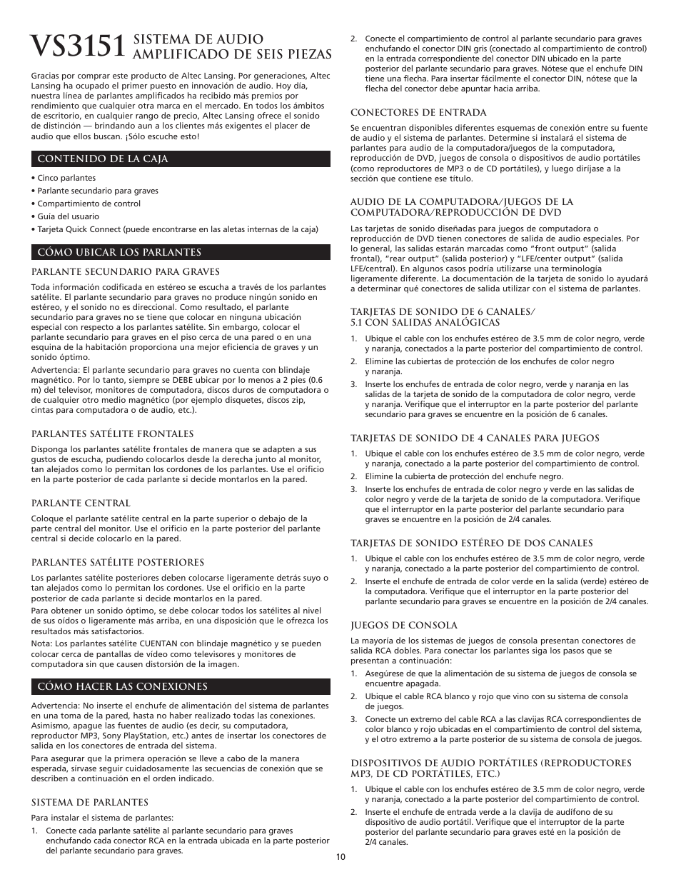 Vs3151, Sistema de audio amplificado de seis piezas | Altec Lansing 3151 User Manual | Page 12 / 20