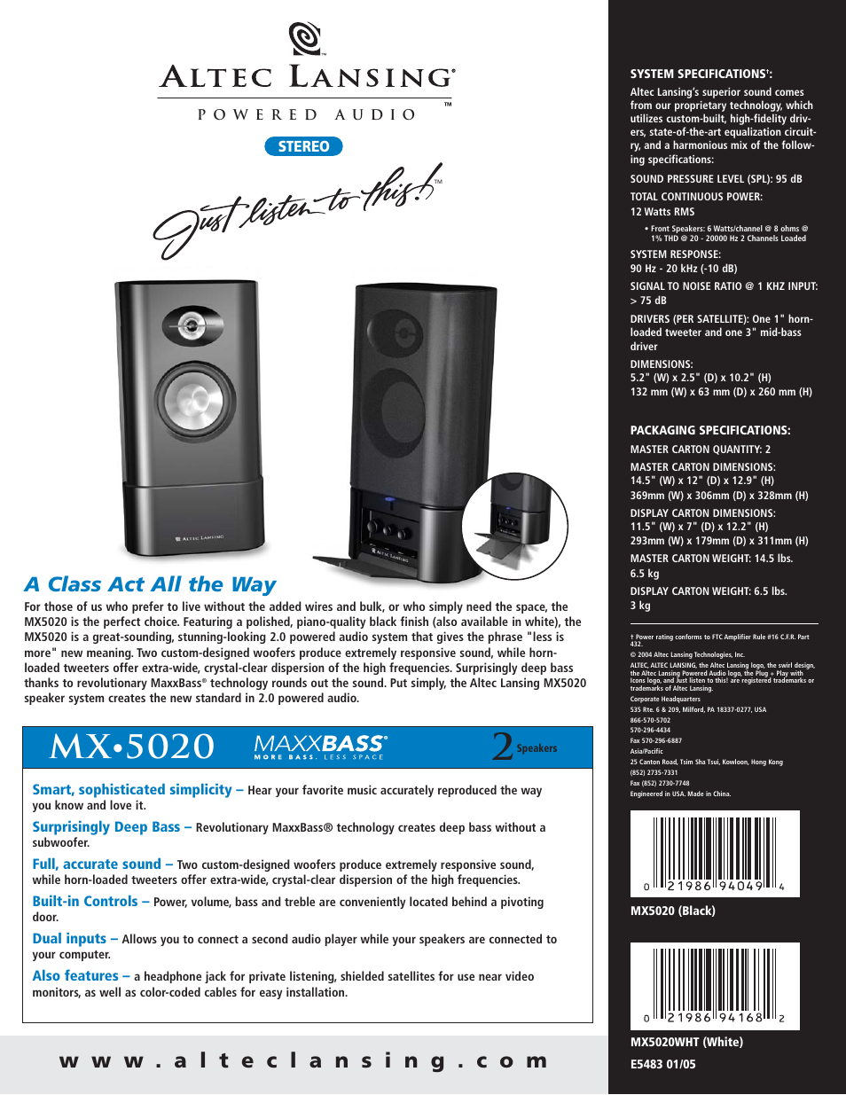 A class act all the way, Stereo | Altec Lansing MX5020 User Manual | Page 2 / 2