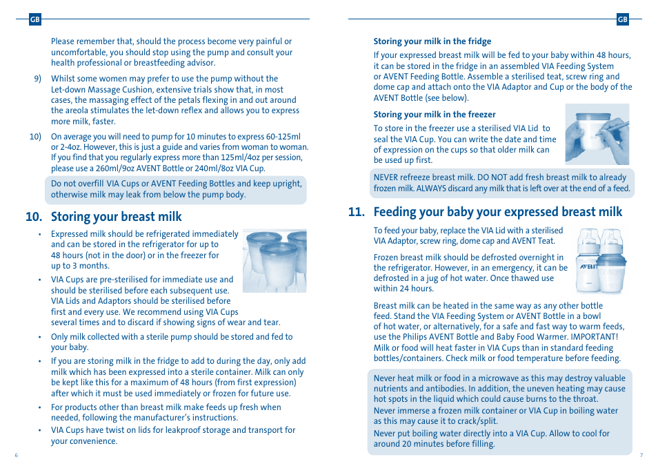 Storing your breast milk, Feeding your baby your expressed breast milk | Philips AVENT Extractor de leche manual User Manual | Page 13 / 52