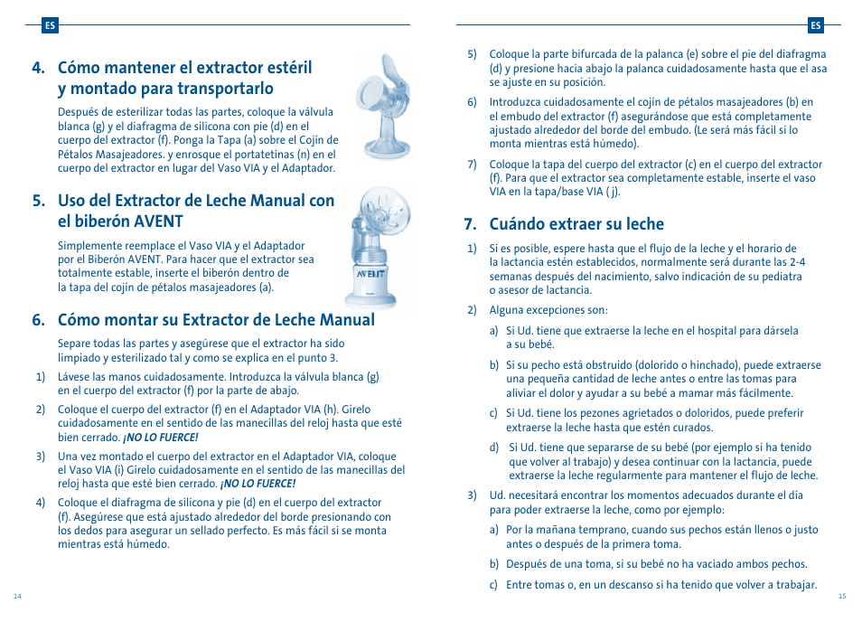 Cuándo extraer su leche, Cómo montar su extractor de leche manual | Philips AVENT Extractor de leche manual User Manual | Page 20 / 52