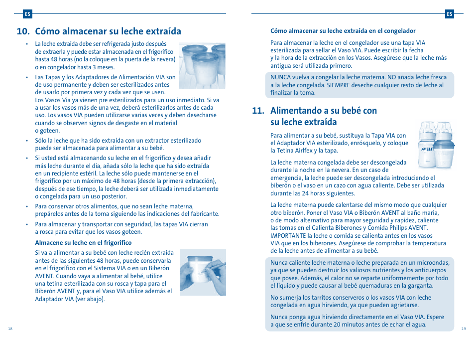 Cómo almacenar su leche extraída, Alimentando a su bebé con su leche extraída | Philips AVENT Extractor de leche manual User Manual | Page 24 / 52