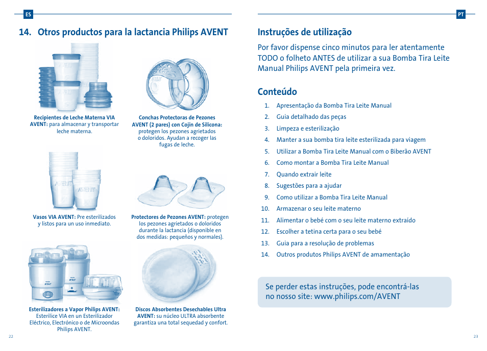 Conteúdo, Instruções de utilização, Otros productos para la lactancia philips avent | Philips AVENT Extractor de leche manual User Manual | Page 28 / 52