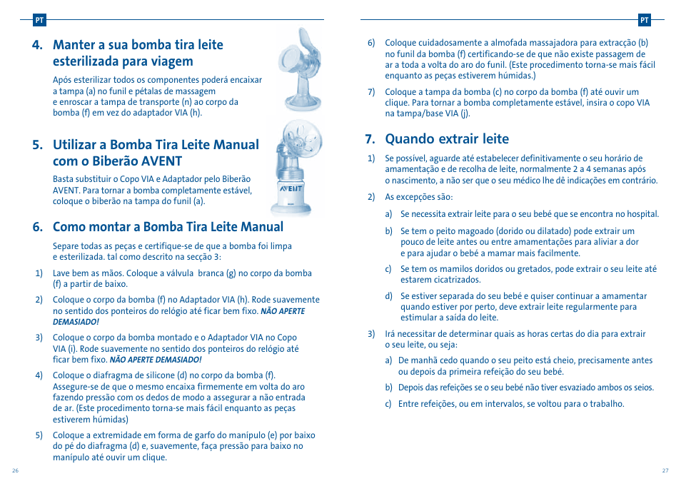 Quando extrair leite, Como montar a bomba tira leite manual | Philips AVENT Extractor de leche manual User Manual | Page 33 / 52