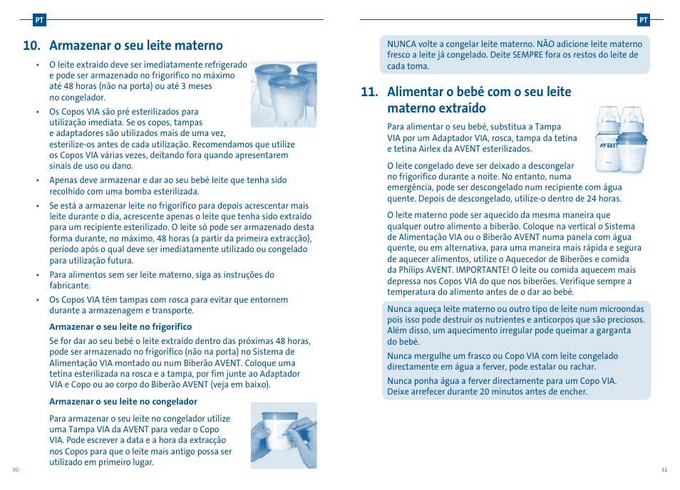 Armazenar o seu leite materno, Alimentar o bebé com o seu leite materno extraído | Philips AVENT Extractor de leche manual User Manual | Page 36 / 52