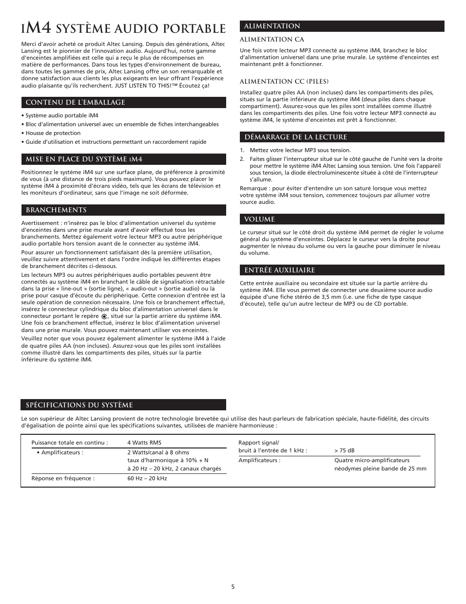 Système audio portable | Altec Lansing iM4 User Manual | Page 7 / 34