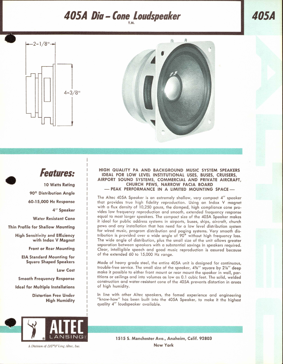 Altec Lansing Cone 405A User Manual | 2 pages