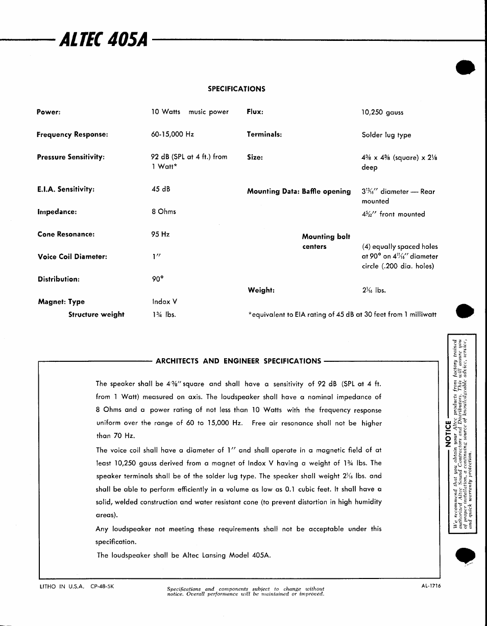 Altec 405a | Altec Lansing Cone 405A User Manual | Page 2 / 2