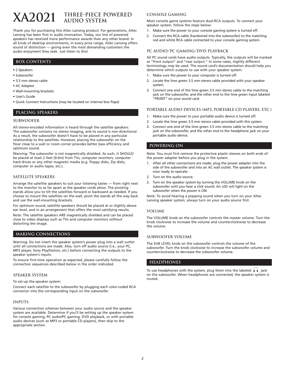 Xa2021, Three-piece powered audio system | Altec Lansing XA2021 User Manual | Page 4 / 20