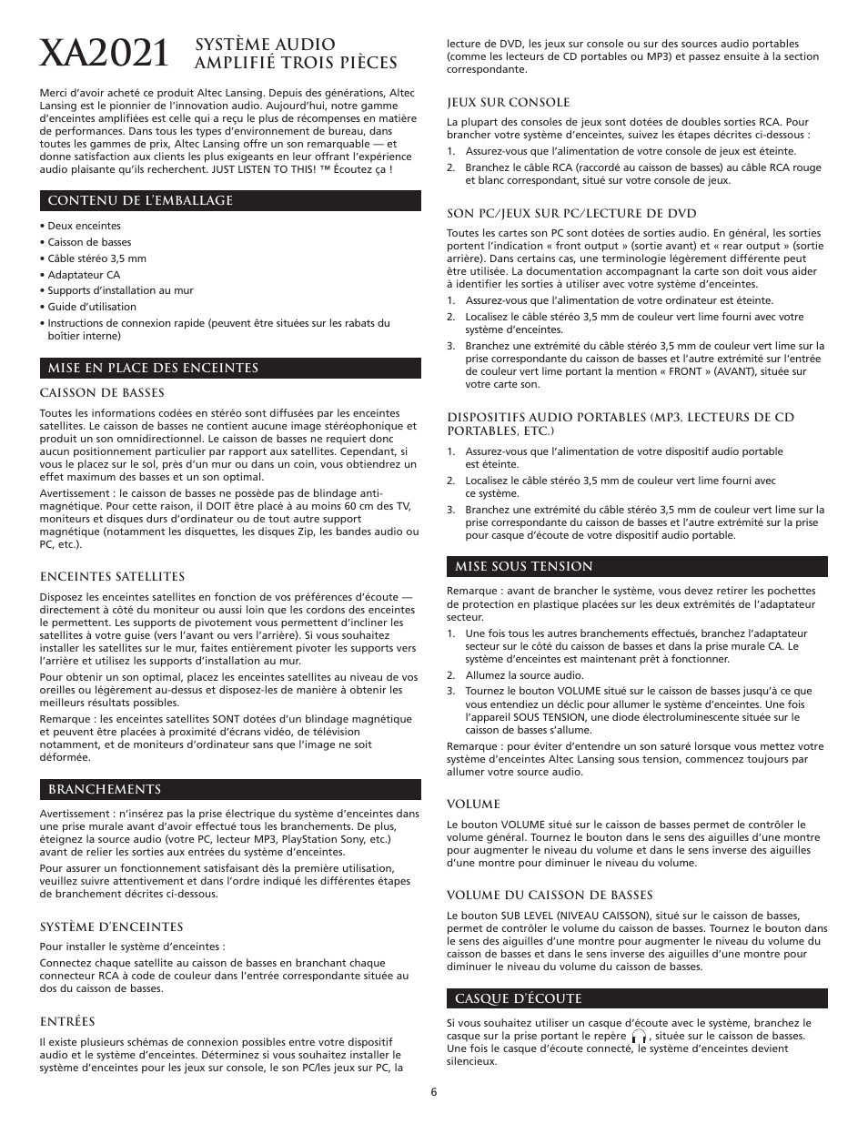 Xa2021, Système audio amplifié trois pièces | Altec Lansing XA2021 User Manual | Page 8 / 20