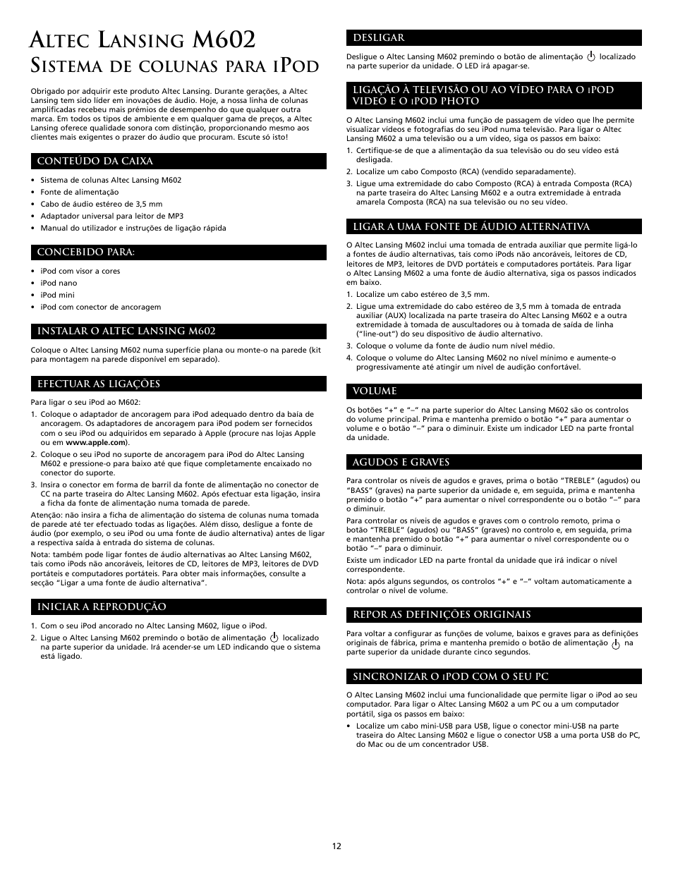 M602, Ltec, Ansing | Istema de colunas para i | Altec Lansing M602 User Manual | Page 12 / 32