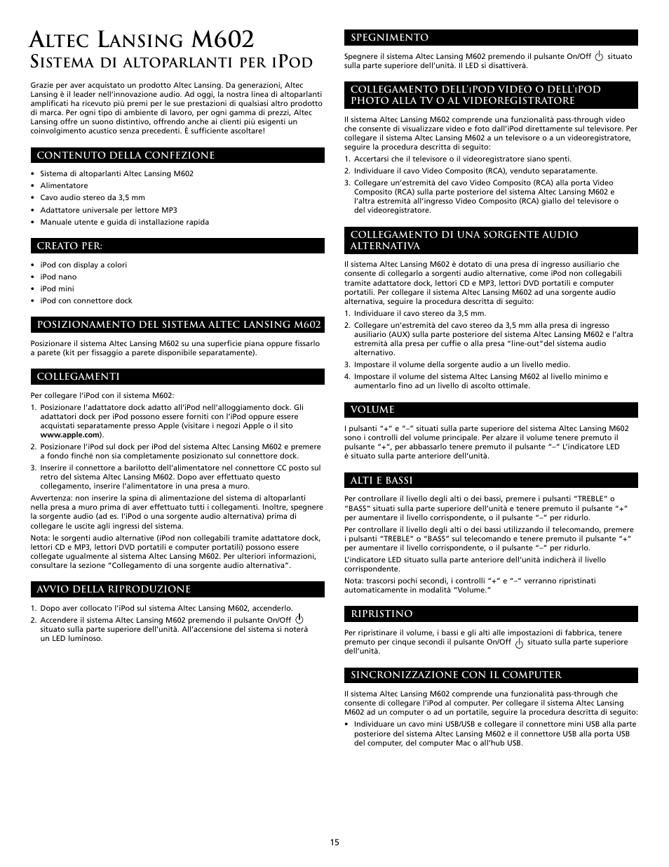 M602, Ltec, Ansing | Istema di altoparlanti per i | Altec Lansing M602 User Manual | Page 15 / 32