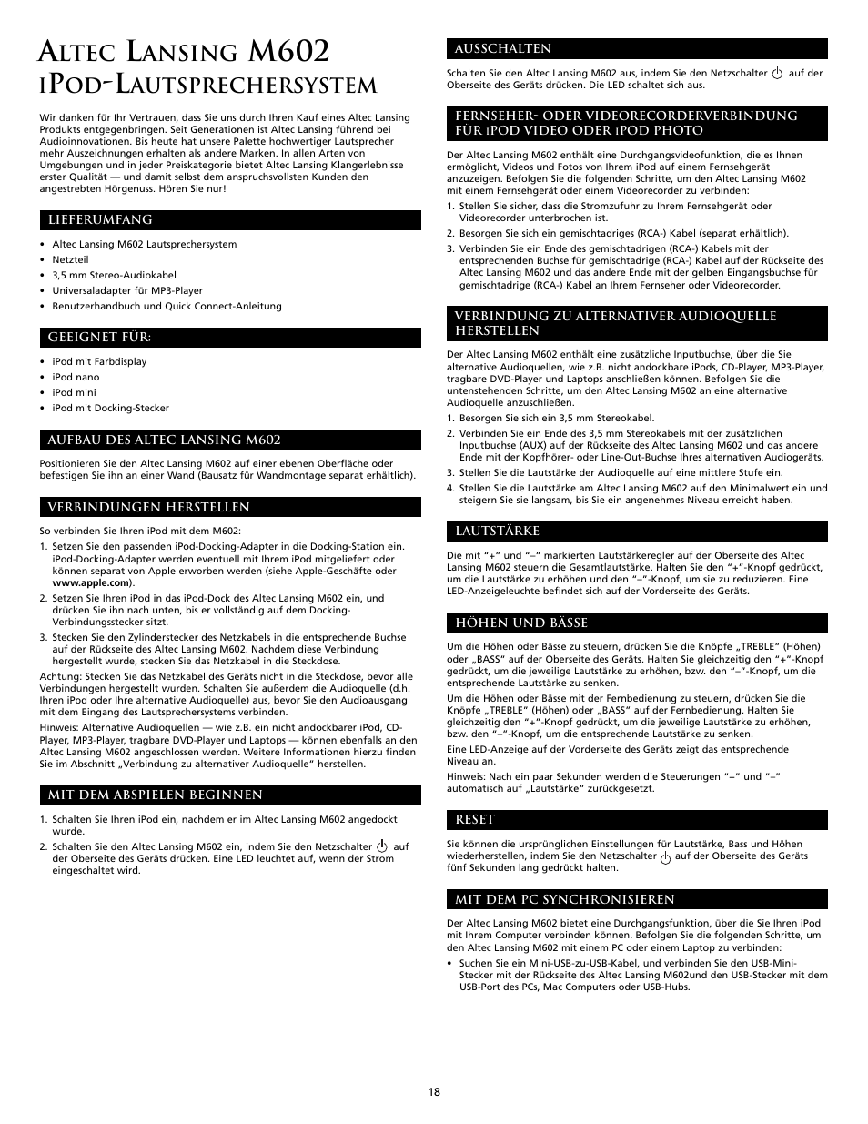 M602, Ltec, Ansing | Autsprechersystem | Altec Lansing M602 User Manual | Page 18 / 32