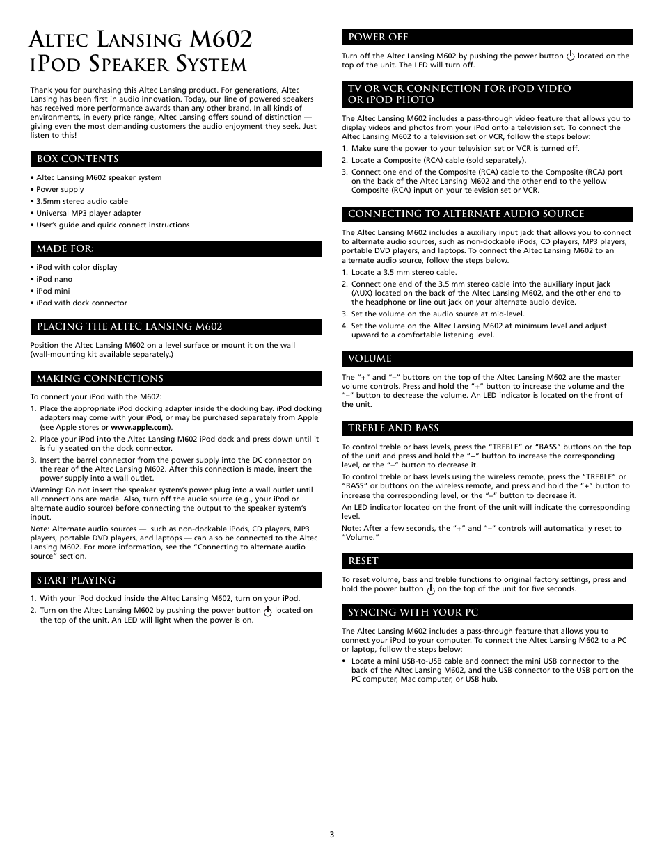 M602, Ltec, Ansing | Peaker, Ystem | Altec Lansing M602 User Manual | Page 3 / 32