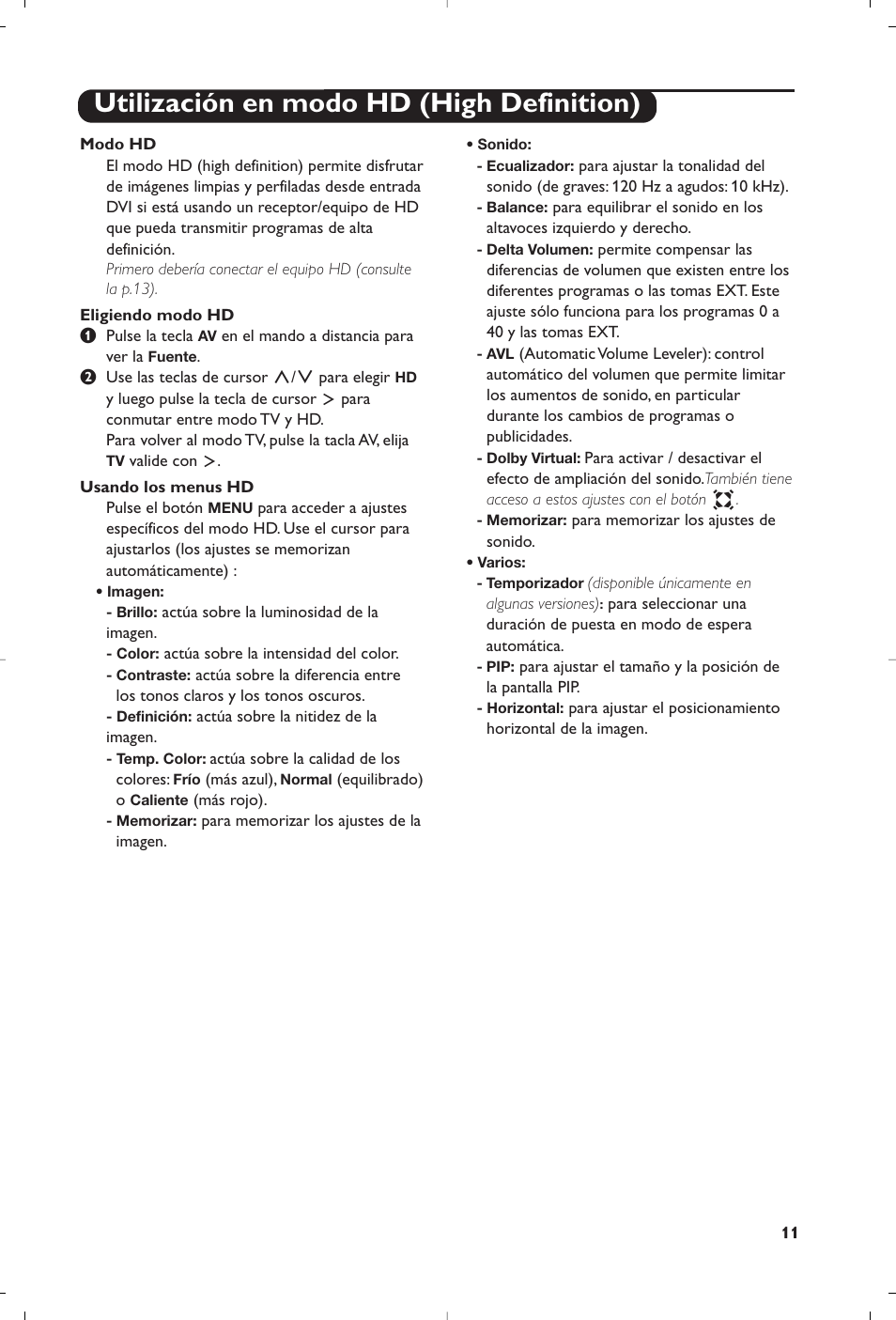 Utilización en modo hd (high definition) | Philips Flat TV User Manual | Page 155 / 256