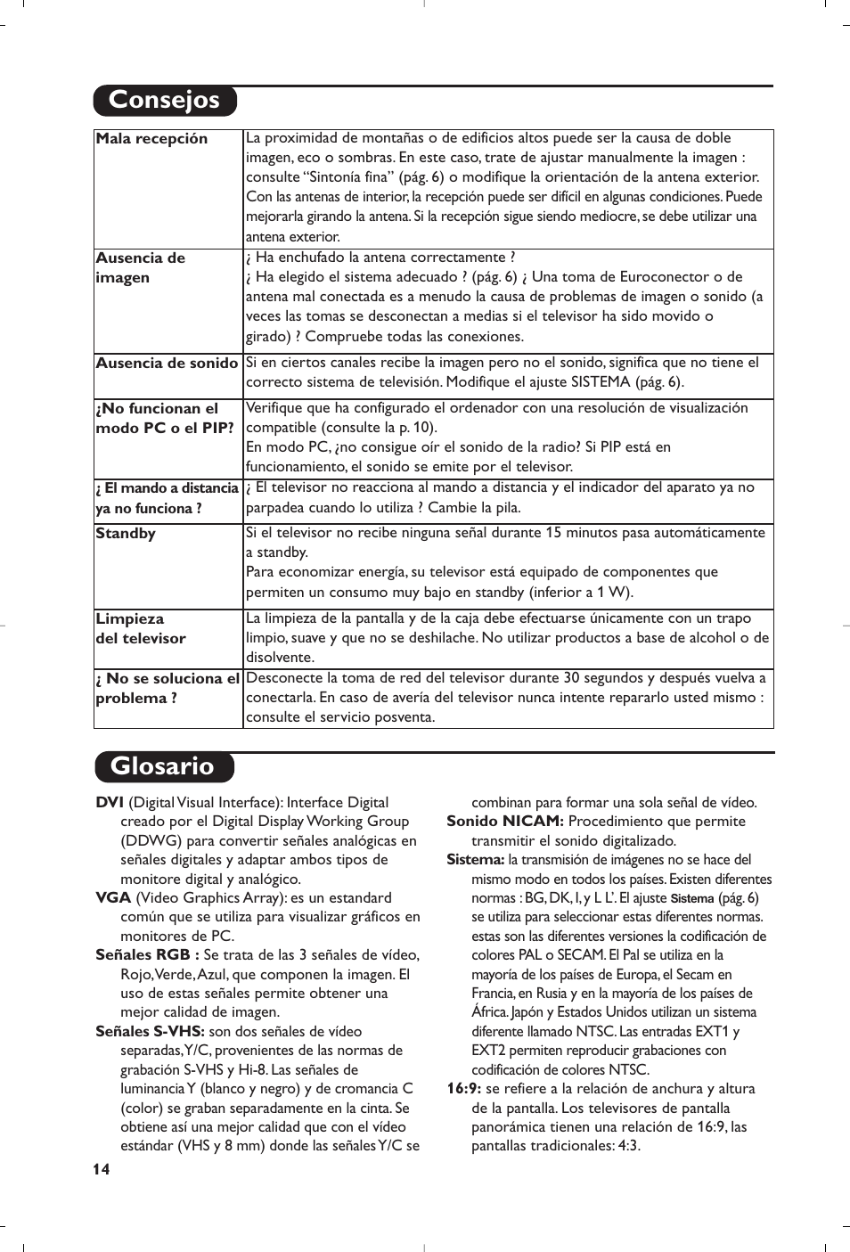 Glosario, Consejos | Philips Flat TV User Manual | Page 158 / 256