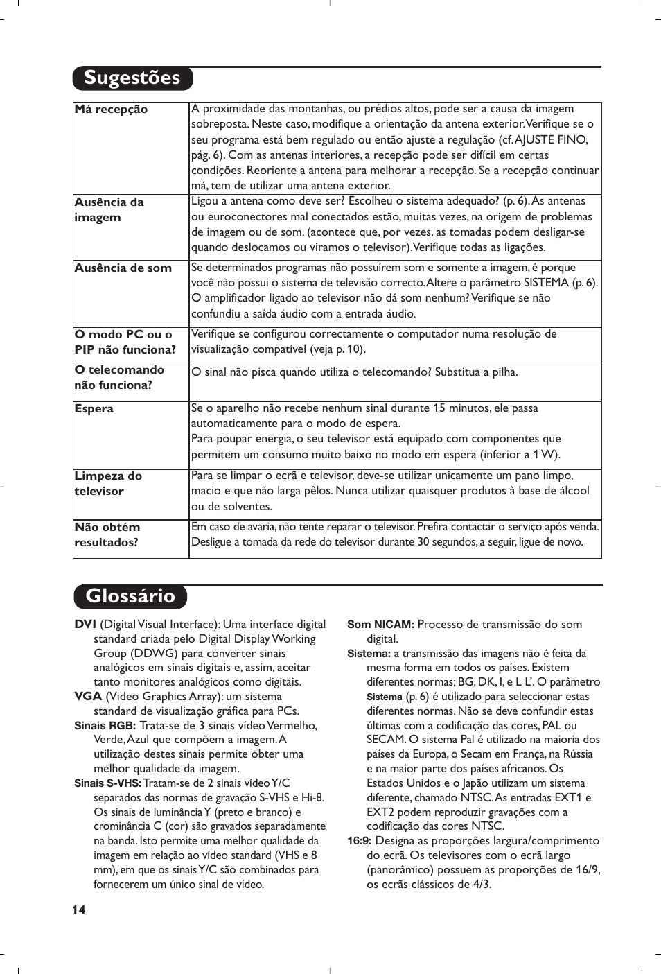 Glossário, Sugestões | Philips Flat TV User Manual | Page 172 / 256