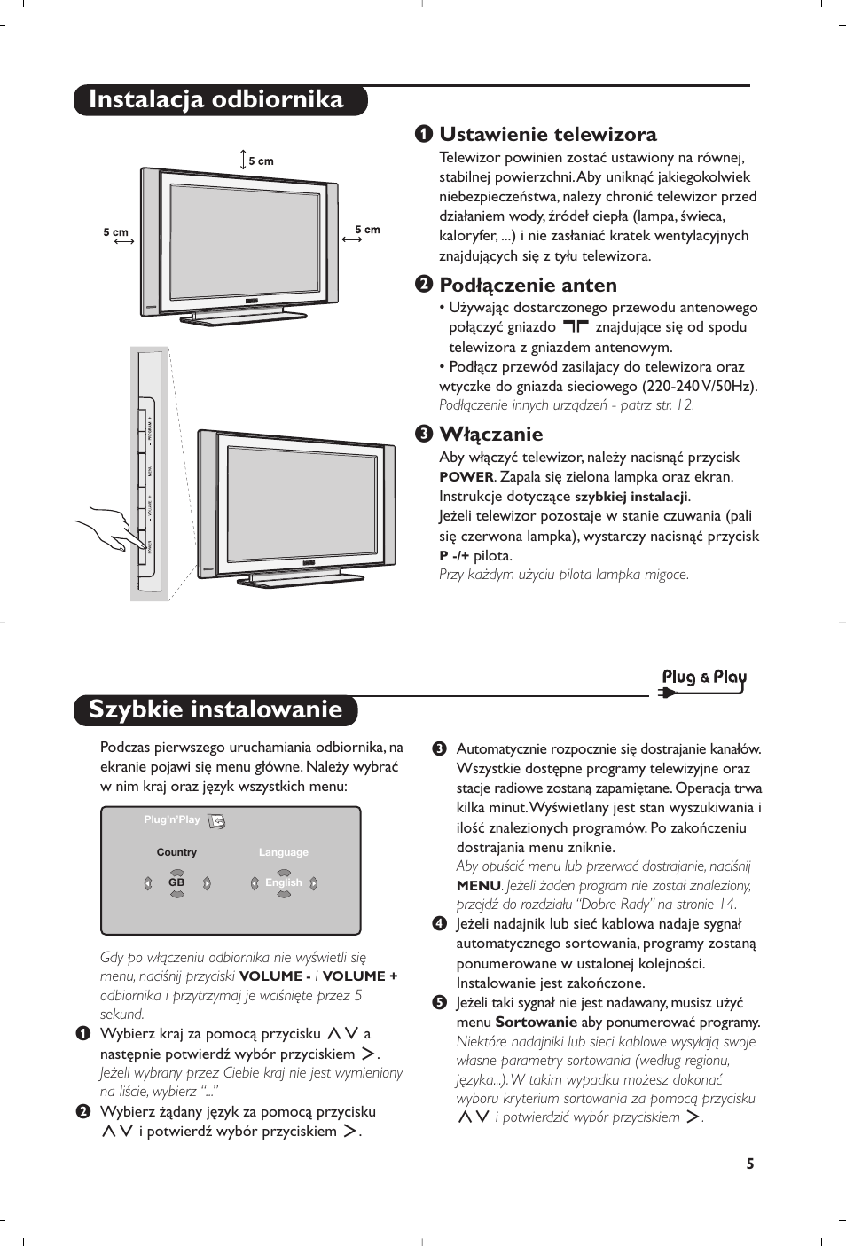 Szybkie instalowanie, Instalacja odbiornika, Ustawienie telewizora | Podłączenie anten, Włączanie | Philips Flat TV User Manual | Page 219 / 256