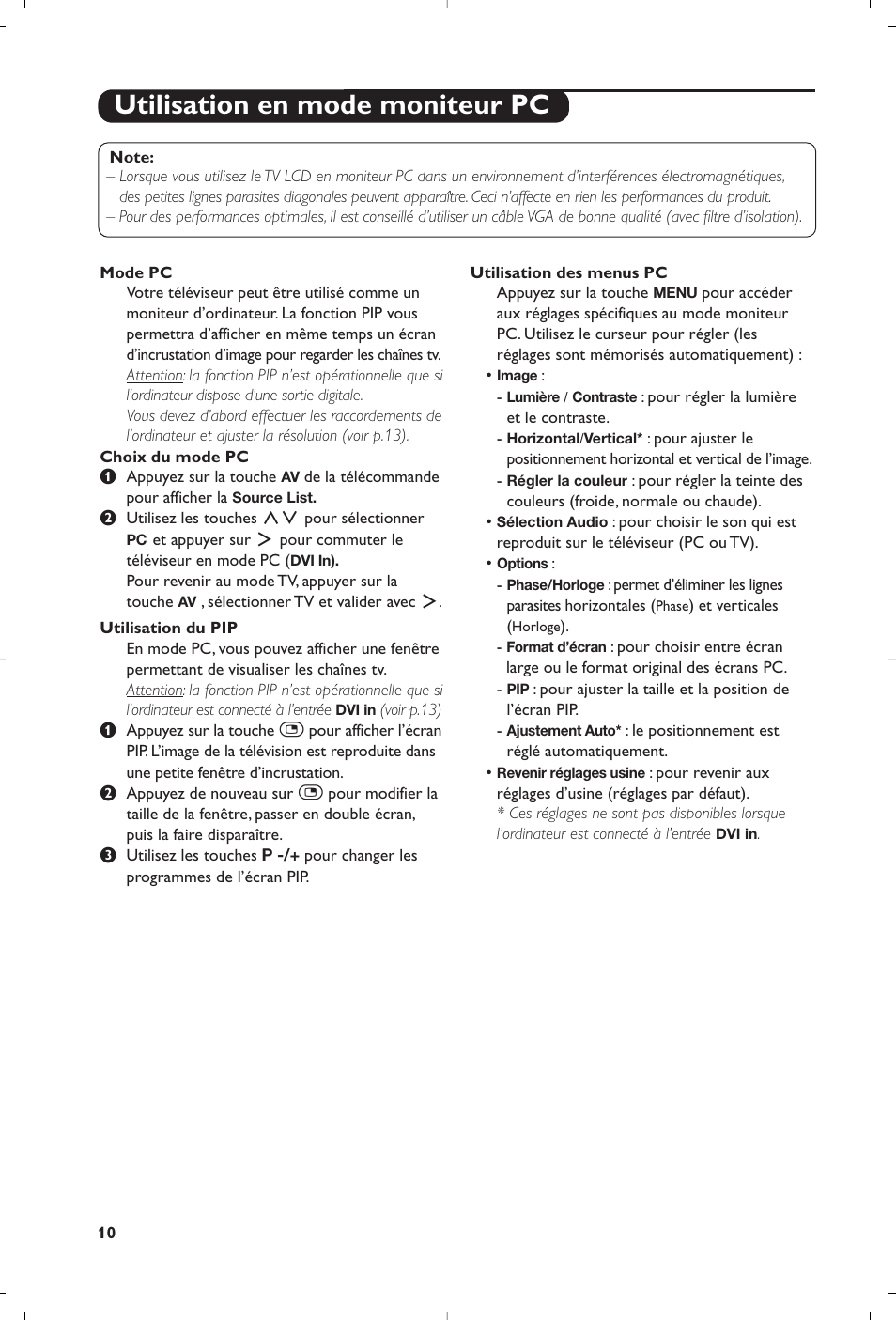 Utilisation en mode moniteur pc | Philips Flat TV User Manual | Page 26 / 256