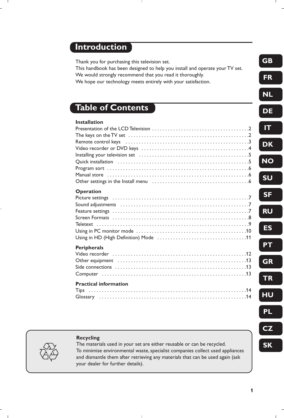 Introduction table of contents | Philips Flat TV User Manual | Page 3 / 256