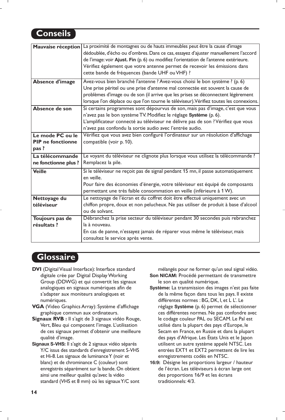 Glossaire, Conseils | Philips Flat TV User Manual | Page 30 / 256