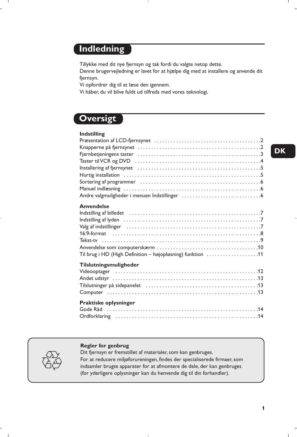 Indledning oversigt | Philips Flat TV User Manual | Page 73 / 256