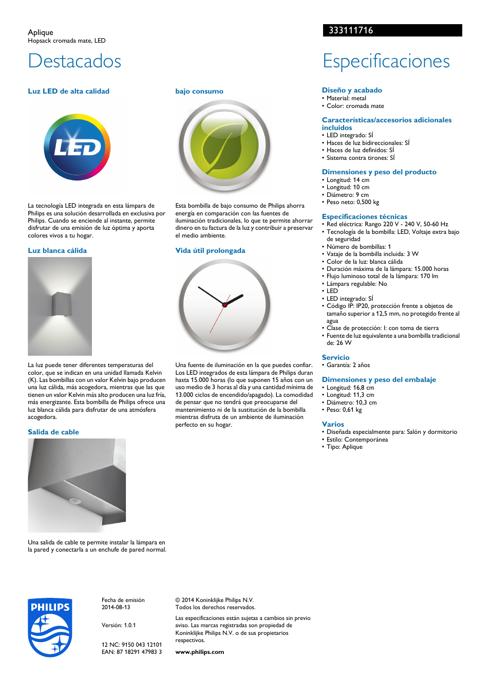 Destacados, Especificaciones | Philips myLiving Aplique User Manual | Page 2 / 2