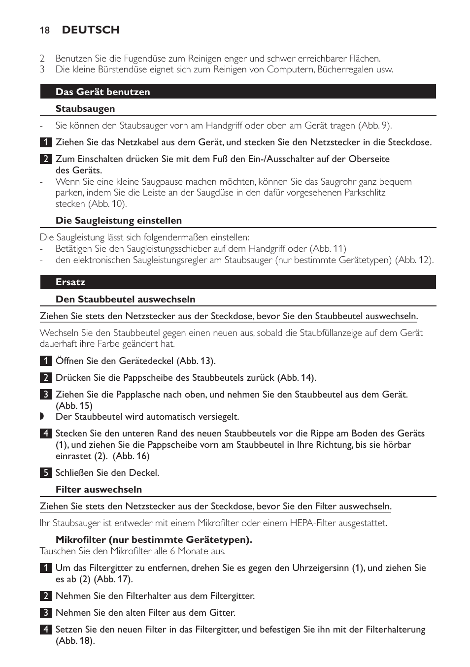 Das gerät benutzen, Staubsaugen, Die saugleistung einstellen | Ersatz, Den staubbeutel auswechseln, Filter auswechseln, Mikrofilter (nur bestimmte gerätetypen) | Philips Aspirador con bolsa User Manual | Page 18 / 76