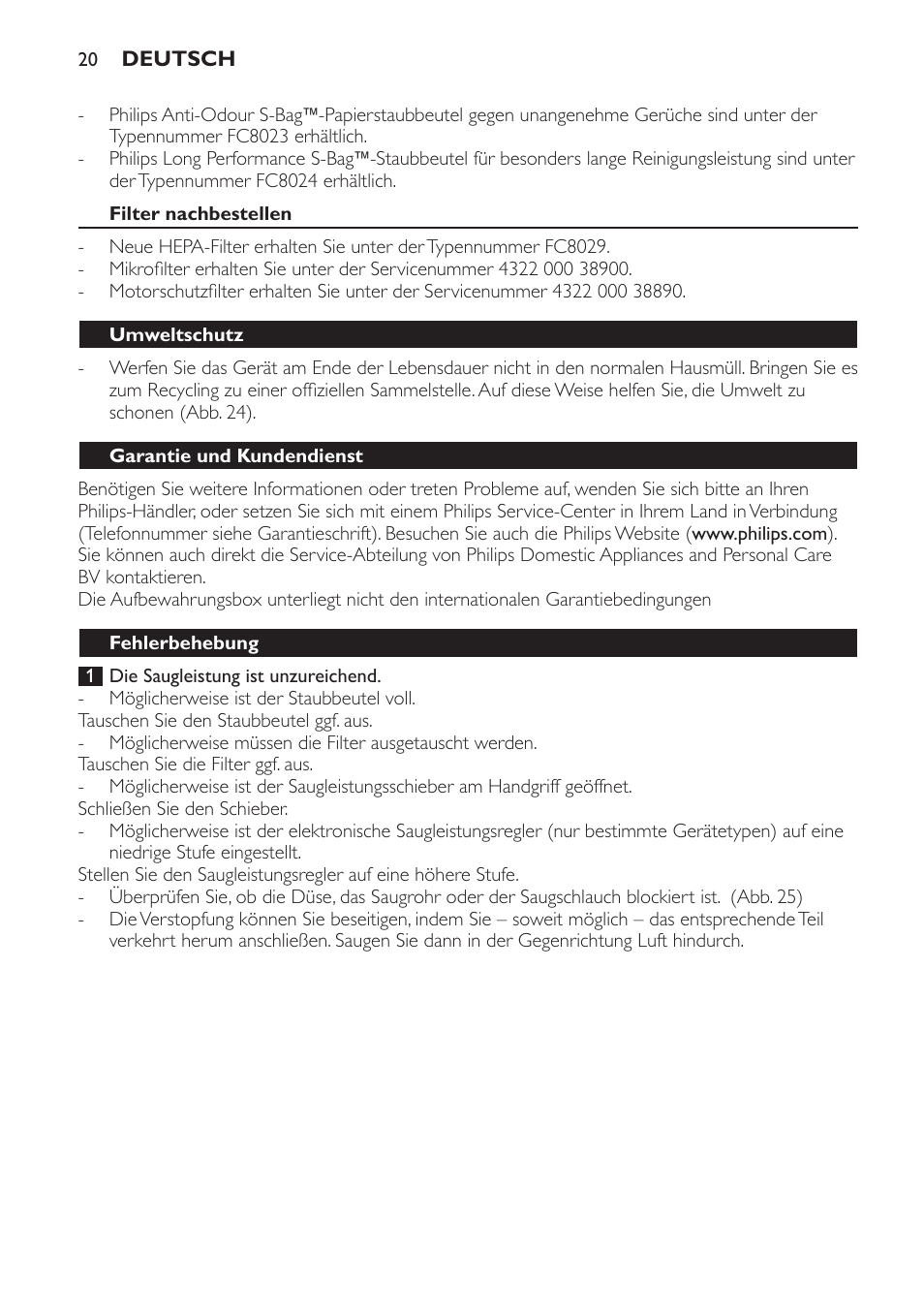 Filter nachbestellen, Umweltschutz, Garantie und kundendienst | Fehlerbehebung | Philips Aspirador con bolsa User Manual | Page 20 / 76