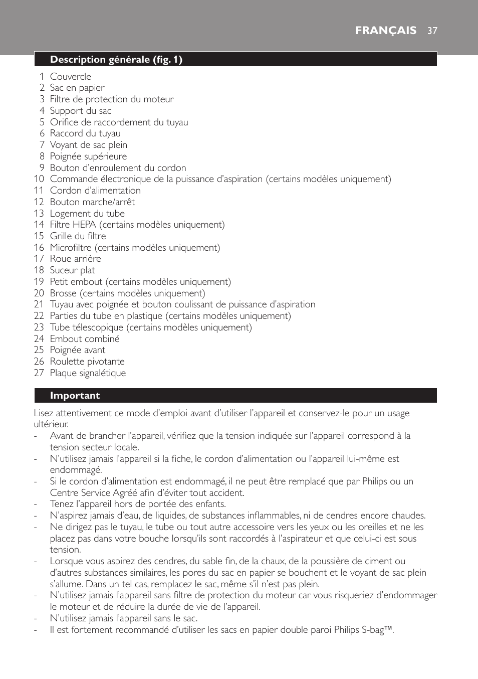 Français, Description générale (fig. 1), Important | Philips Aspirador con bolsa User Manual | Page 37 / 76