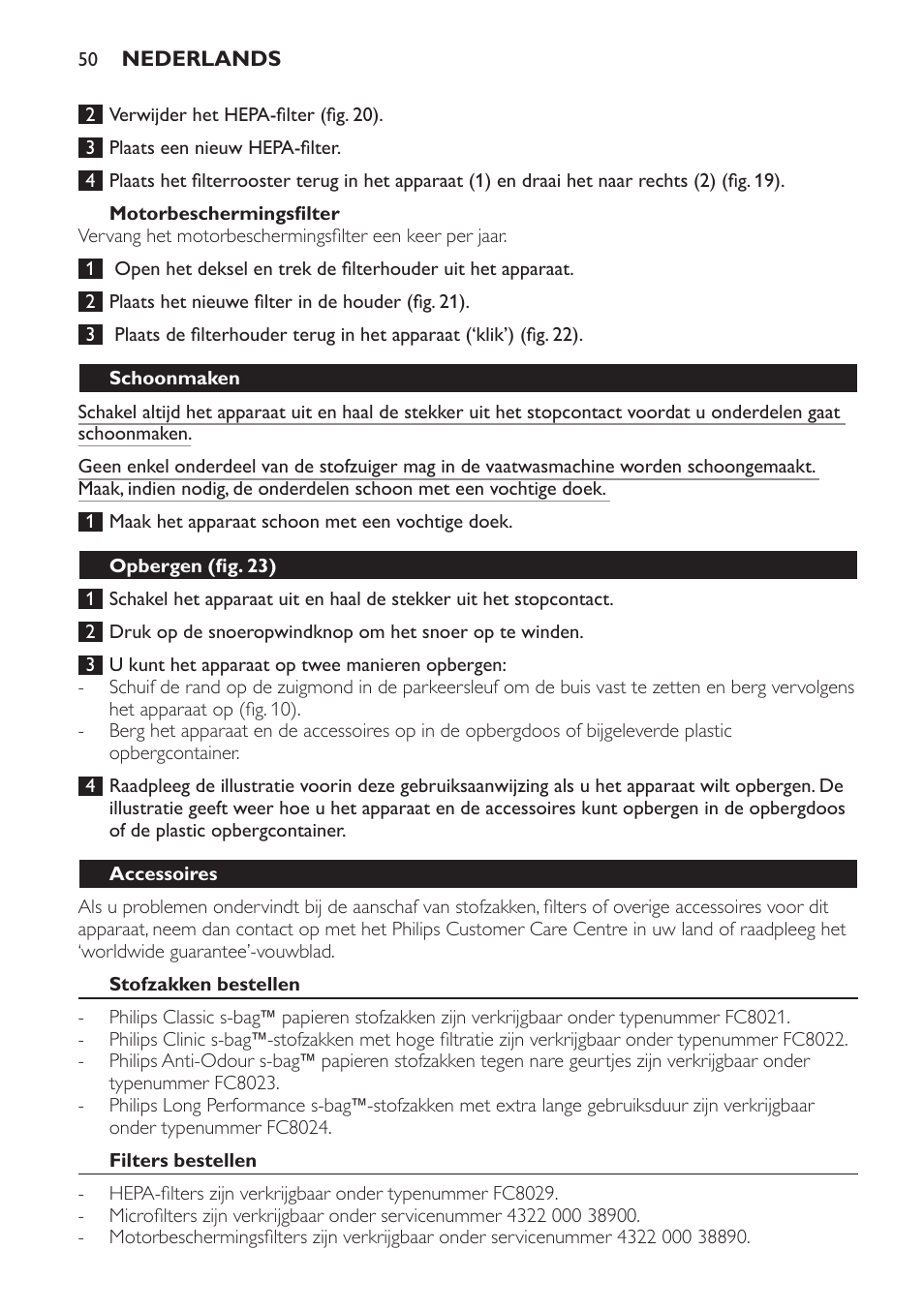 Motorbeschermingsfilter, Schoonmaken, Opbergen (fig. 23) | Accessoires, Stofzakken bestellen, Filters bestellen | Philips Aspirador con bolsa User Manual | Page 50 / 76