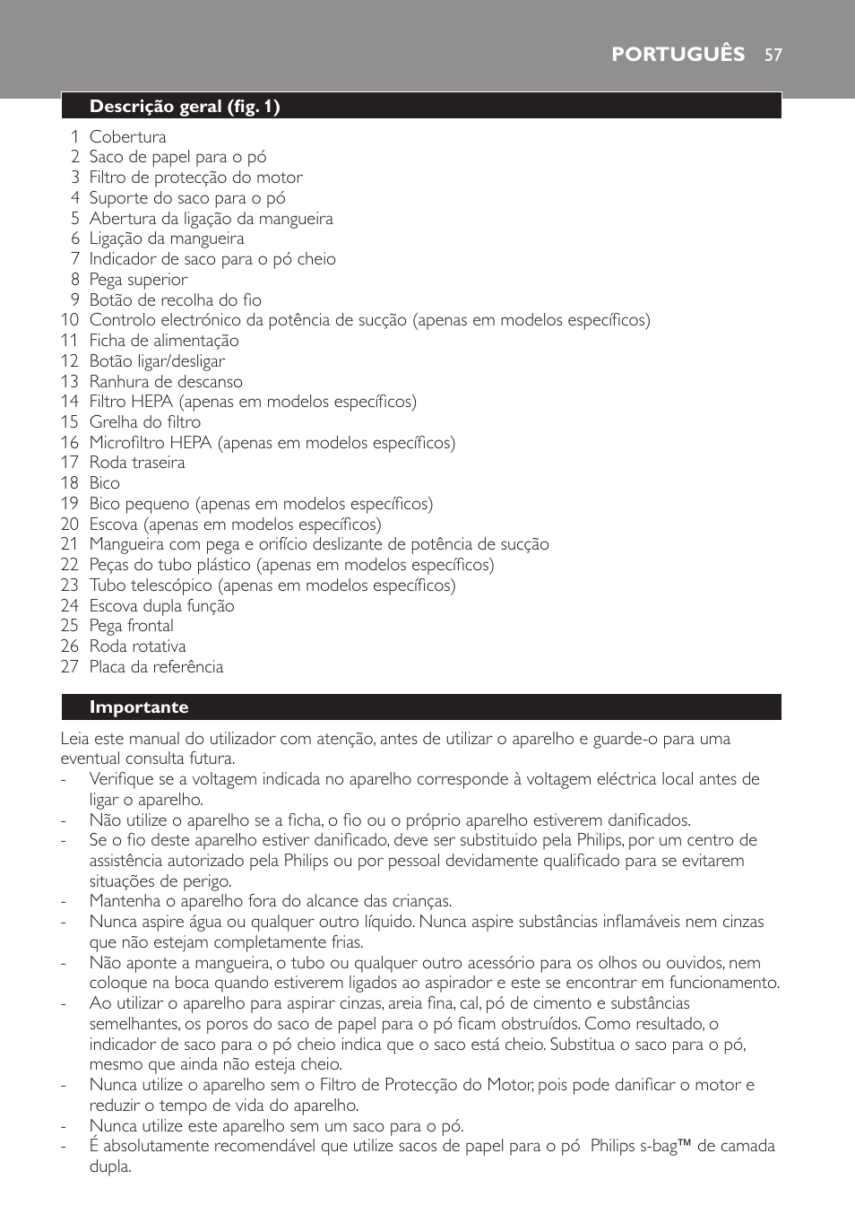 Português, Descrição geral (fig. 1), Importante | Philips Aspirador con bolsa User Manual | Page 57 / 76