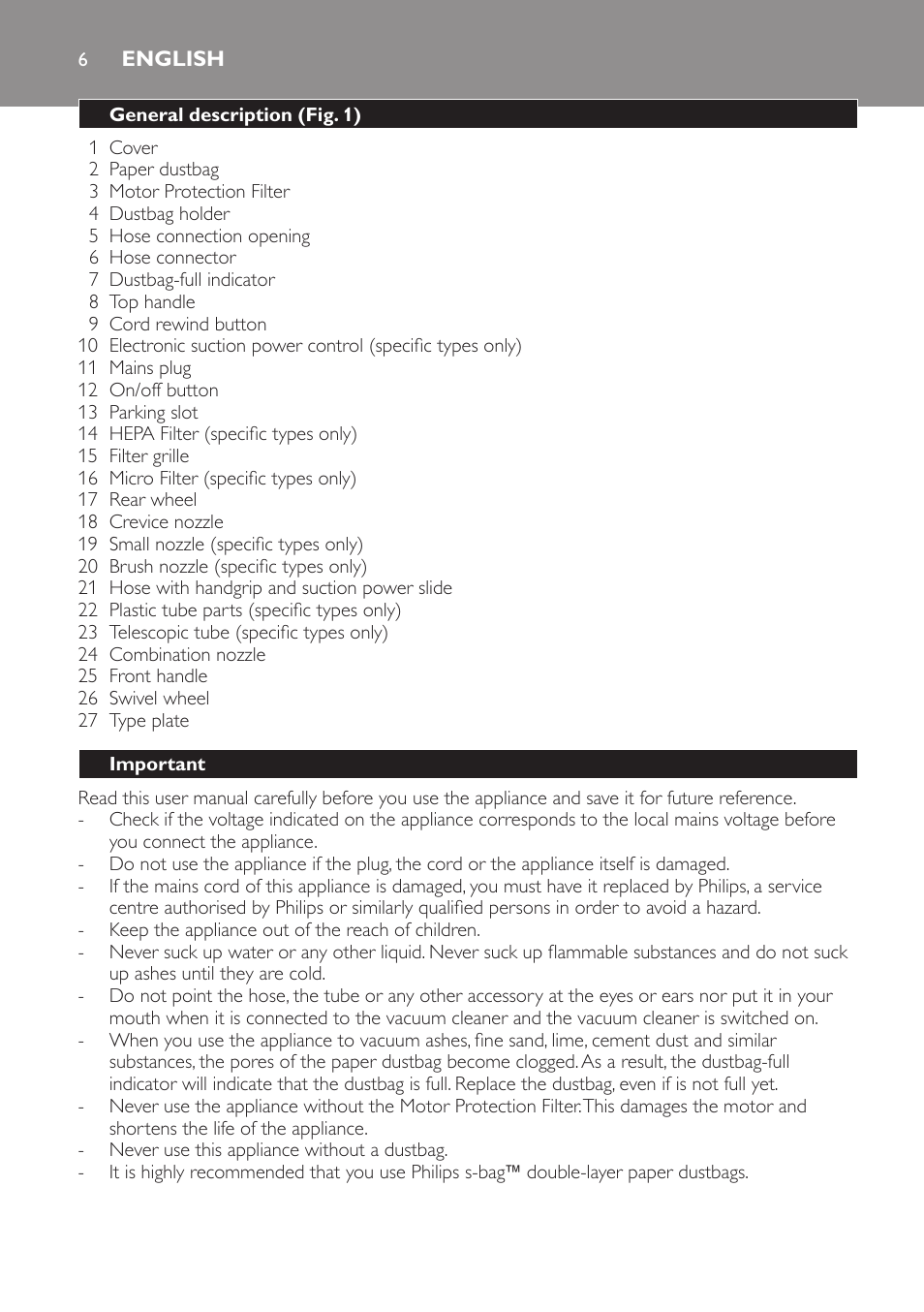English, General description (fig. 1), Important | Philips Aspirador con bolsa User Manual | Page 6 / 76