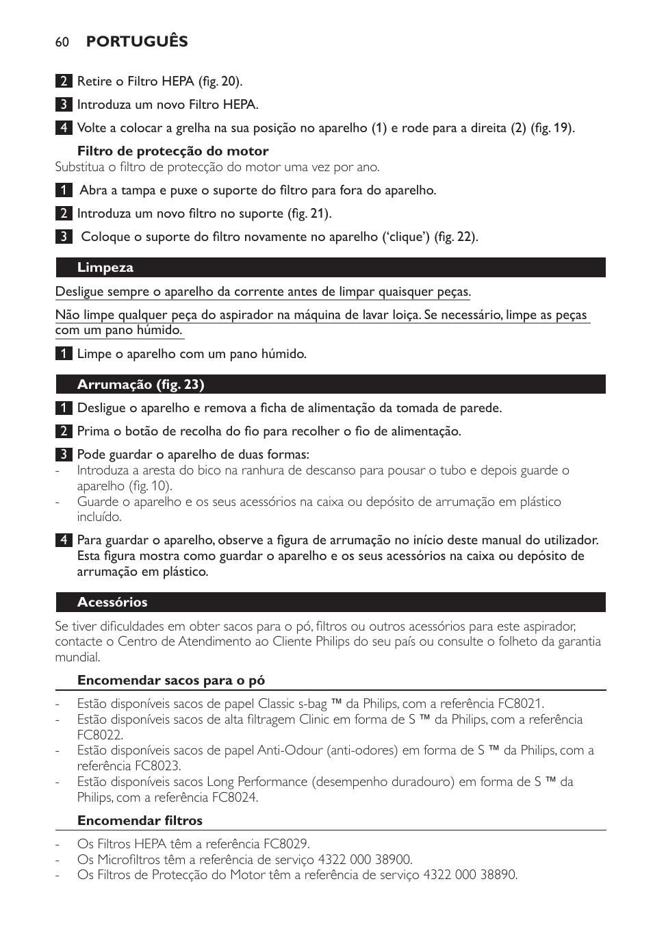 Filtro de protecção do motor, Limpeza, Arrumação (fig. 23) | Acessórios, Encomendar sacos para o pó, Encomendar filtros | Philips Aspirador con bolsa User Manual | Page 60 / 76