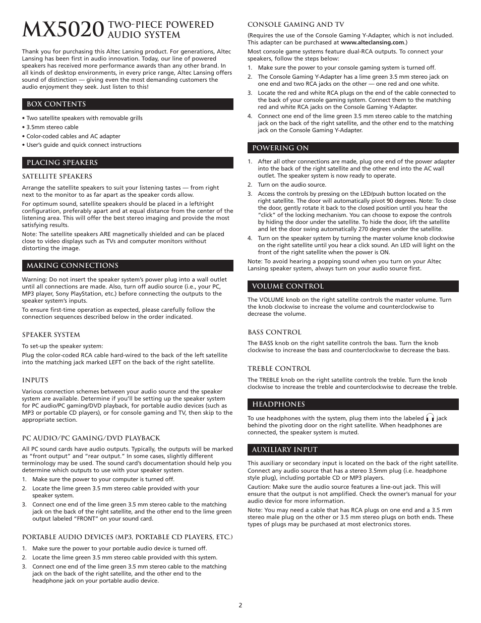 Mx5020, Two-piece powered audio system | Altec Lansing MX5020 User Manual | Page 4 / 16