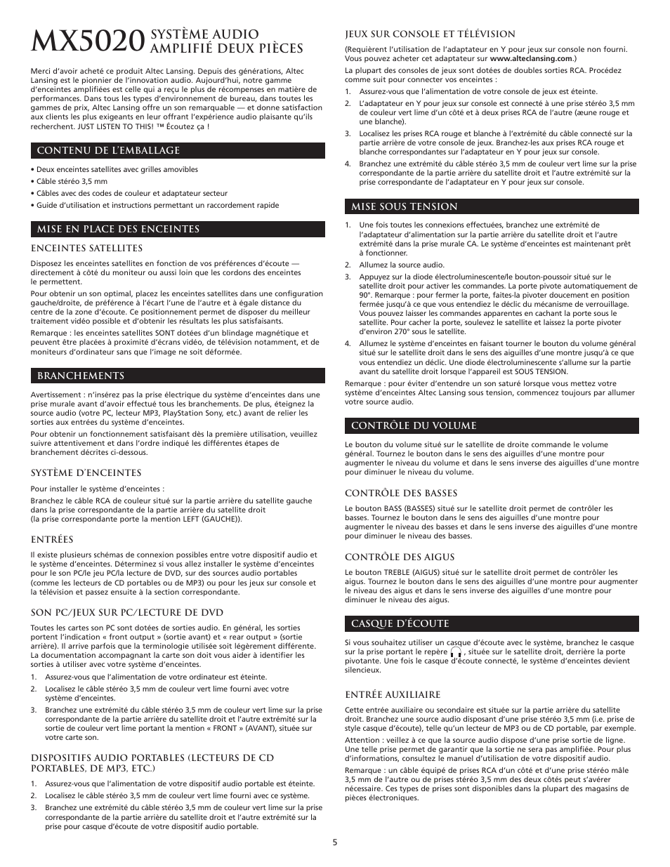 Mx5020, Système audio amplifié deux pièces | Altec Lansing MX5020 User Manual | Page 7 / 16