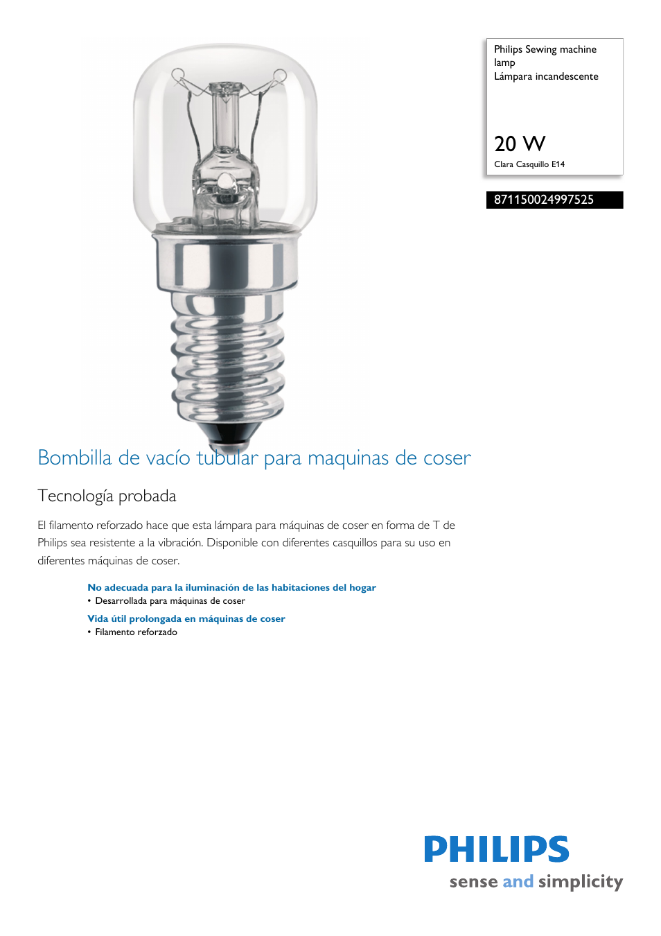 Philips Sewing machine lamp Lámpara incandescente User Manual | 2 pages