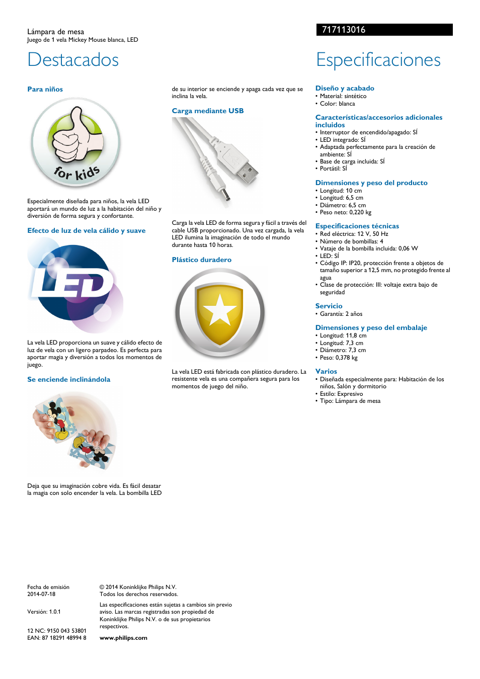 Destacados, Especificaciones | Philips Disney Lámpara de mesa User Manual | Page 2 / 2