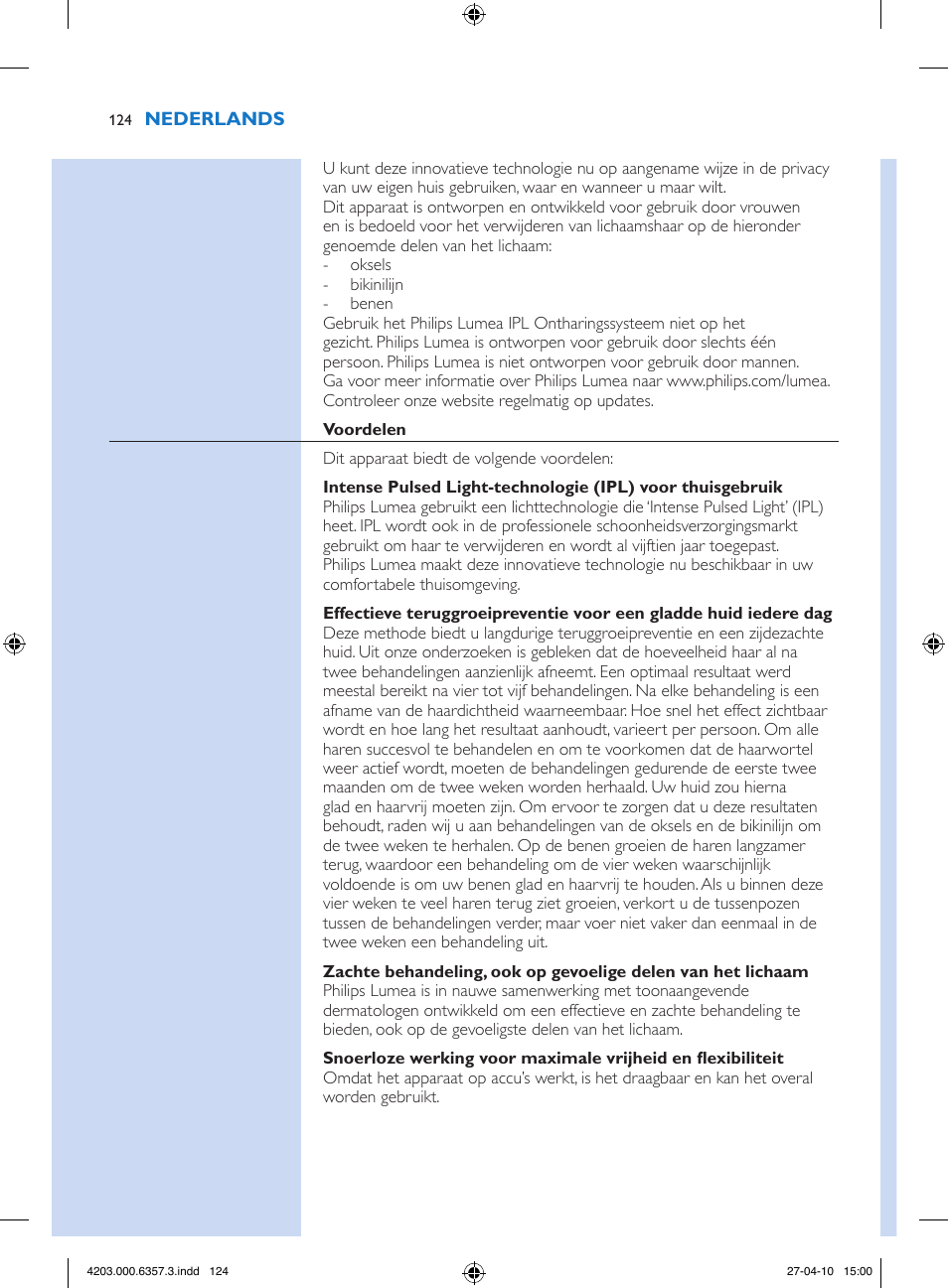 Philips Lumea Sistema de eliminación de vello IPL User Manual | Page 124 / 170