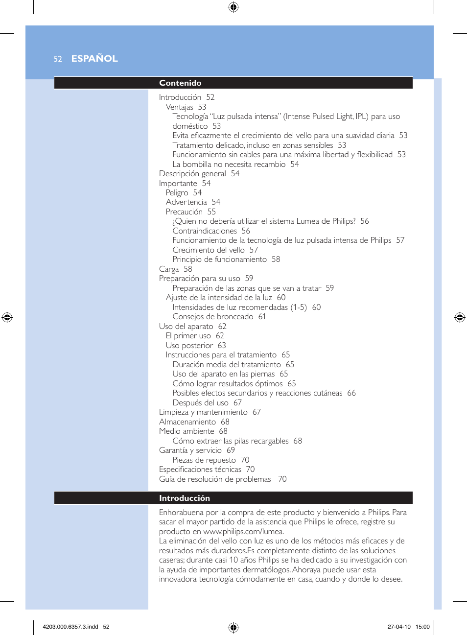 Philips Lumea Sistema de eliminación de vello IPL User Manual | Page 52 / 170