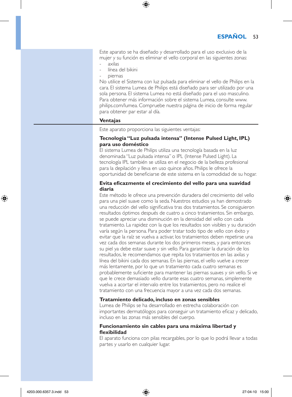 Philips Lumea Sistema de eliminación de vello IPL User Manual | Page 53 / 170