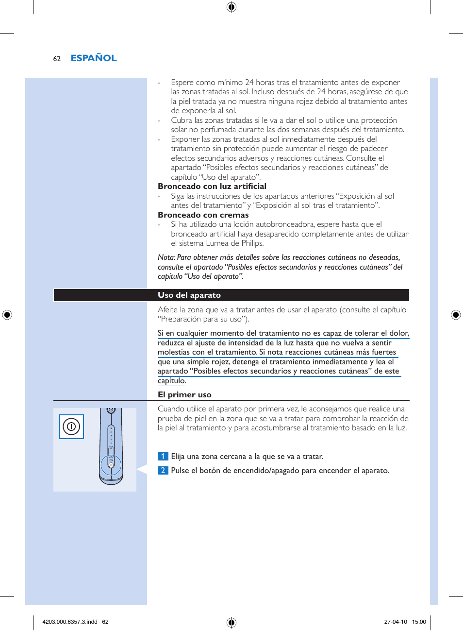 Philips Lumea Sistema de eliminación de vello IPL User Manual | Page 62 / 170