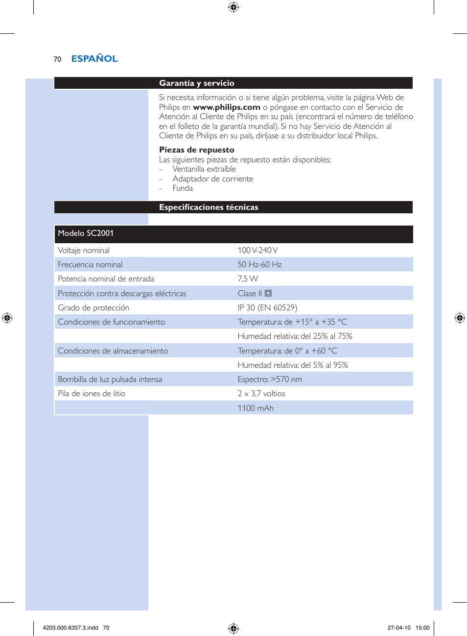 Philips Lumea Sistema de eliminación de vello IPL User Manual | Page 70 / 170