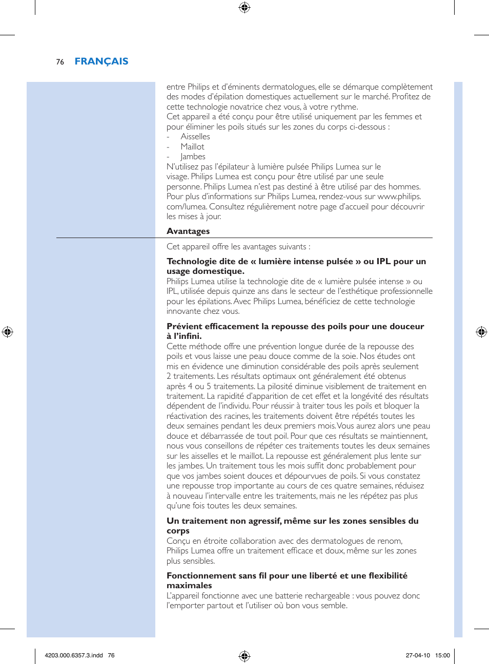 Philips Lumea Sistema de eliminación de vello IPL User Manual | Page 76 / 170