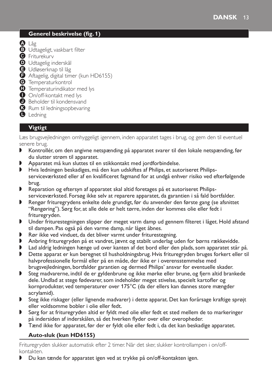 Dansk, Generel beskrivelse﻿ (fig. 1), Vigtigt | Auto-sluk (kun hd6155) | Philips Freidora User Manual | Page 13 / 100