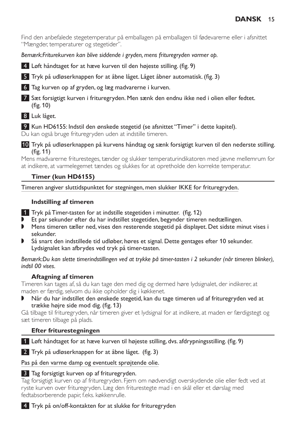 Timer (kun hd6155), Indstilling af timeren, Aftagning af timeren | Efter friturestegningen | Philips Freidora User Manual | Page 15 / 100