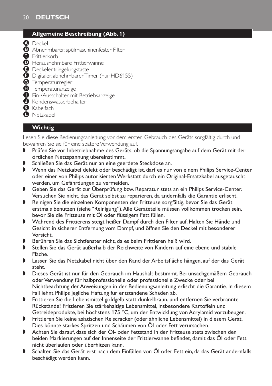 Deutsch, Allgemeine beschreibung﻿ (abb. 1), Wichtig | Abschaltautomatik (nur hd6155) | Philips Freidora User Manual | Page 20 / 100