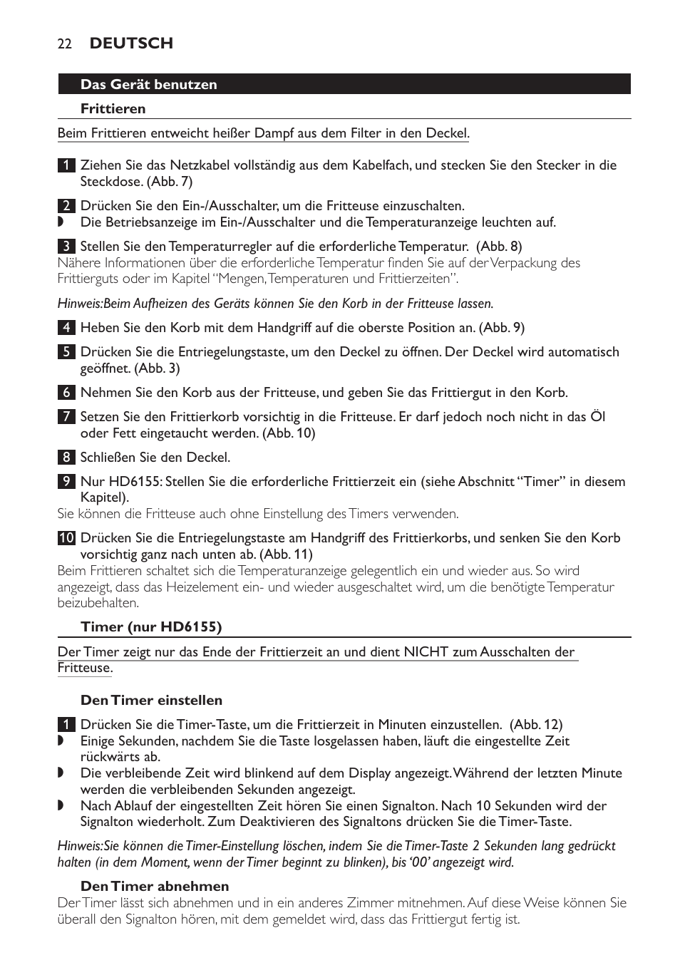 Timer (nur hd6155), Den timer einstellen, Den timer abnehmen | Nach dem frittieren | Philips Freidora User Manual | Page 22 / 100
