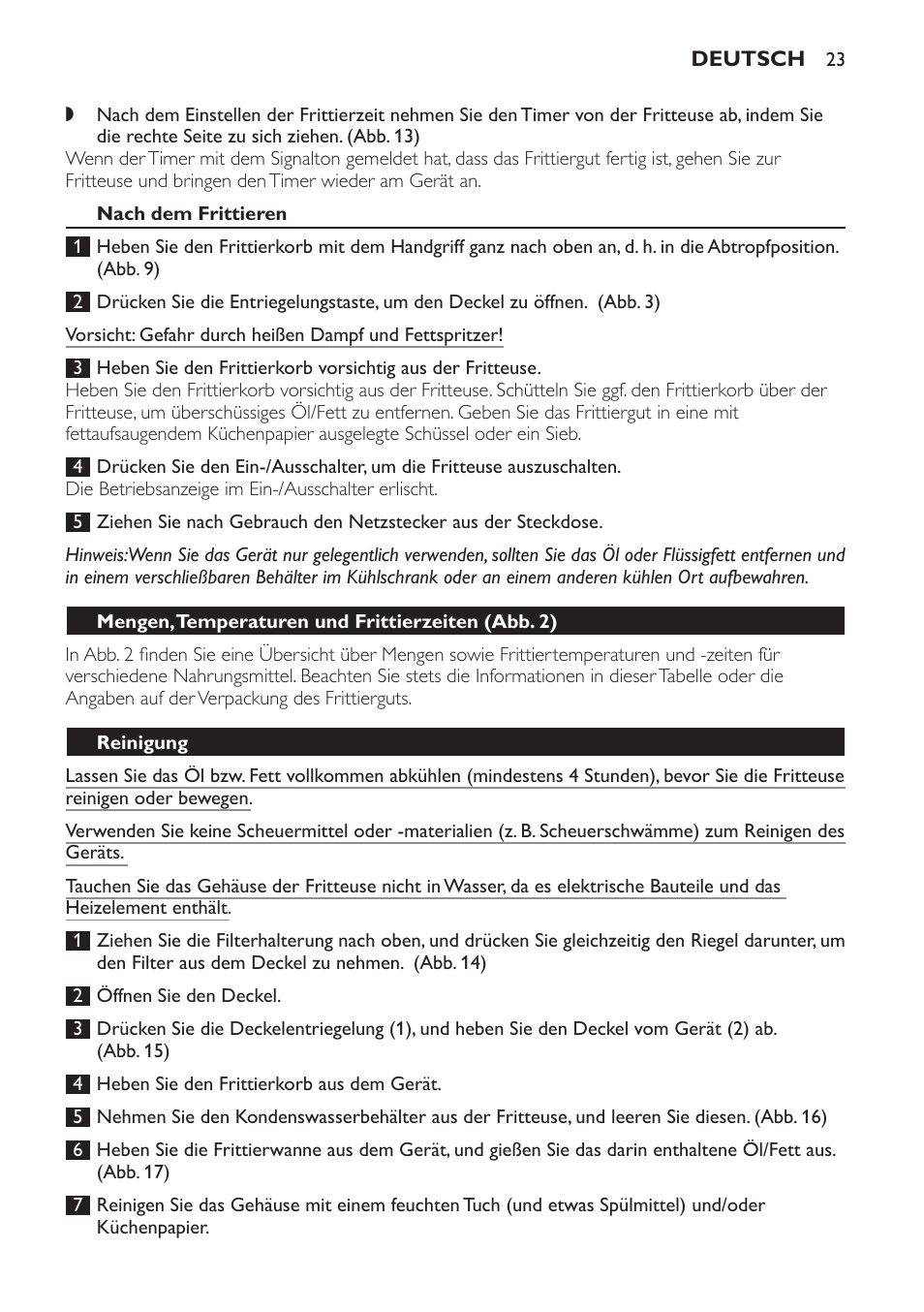 Spülmaschinenfeste teile, Mengen, temperaturen und frittierzeiten﻿ (abb. 2), Reinigung | Philips Freidora User Manual | Page 23 / 100